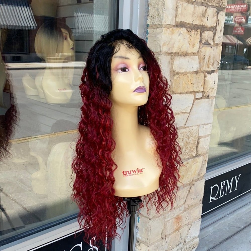 Ombre Red 28" Long Curly Invisible Lace Free Part Wig